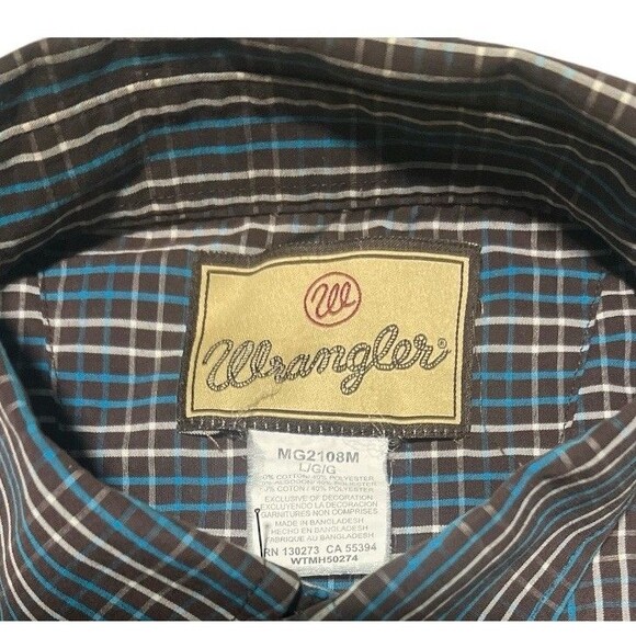 Wrangler Shirt Brown Blue Men’s L Western Plaid Long Sleeve Button Up Rodeo - Picture 3 of 3